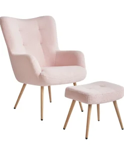 Øreklapstol VEJLE med fodskammel Boucle Pastellrosa