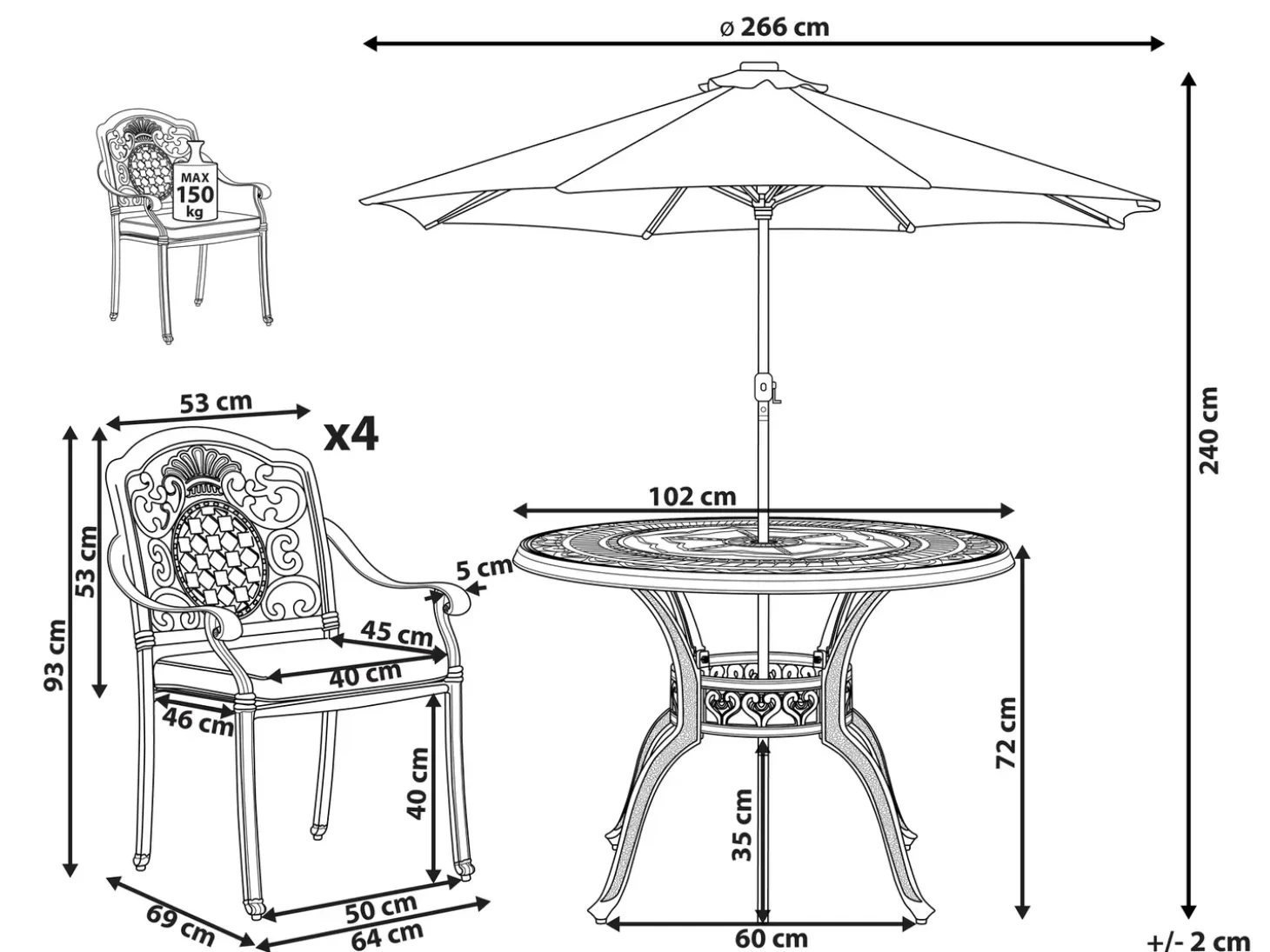 SALENTO 4 personers Havemøbelsæt Mørkebrun Metal med parasol (16 variant)