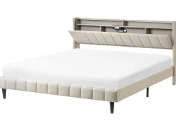 Seng med LED BEAULIEU 180 x 200 cm med opbevaring med USB-port Beige