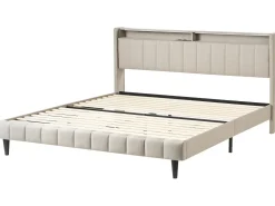 Seng med LED BEAULIEU 180 x 200 cm med opbevaring med USB-port Beige