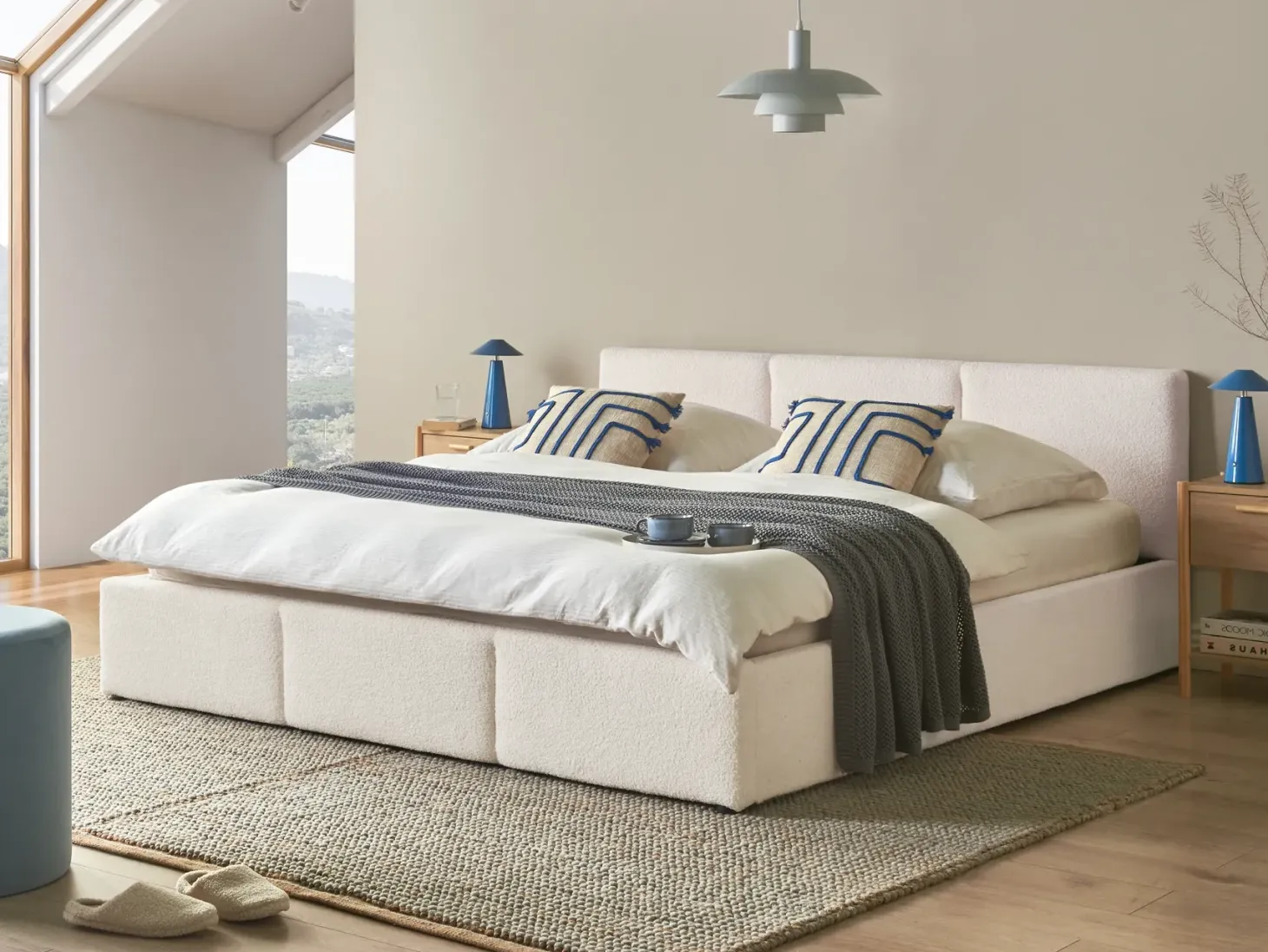 Seng med opbevaring BOUSSE Boucle Cremehvid 180 x 200 cm