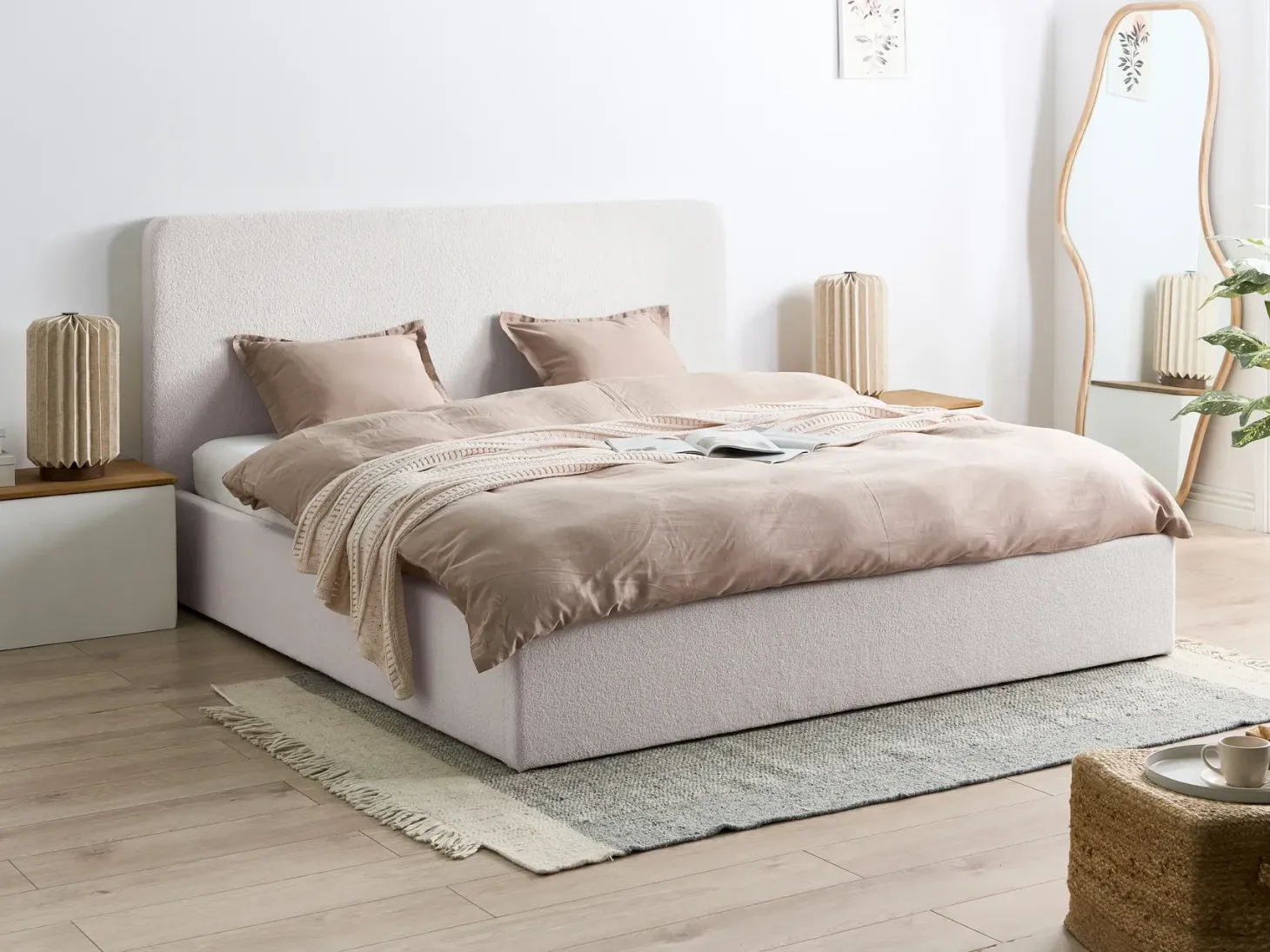 Seng med opbevaring BRENON Boucle Cremehvid 180 x 200 cm
