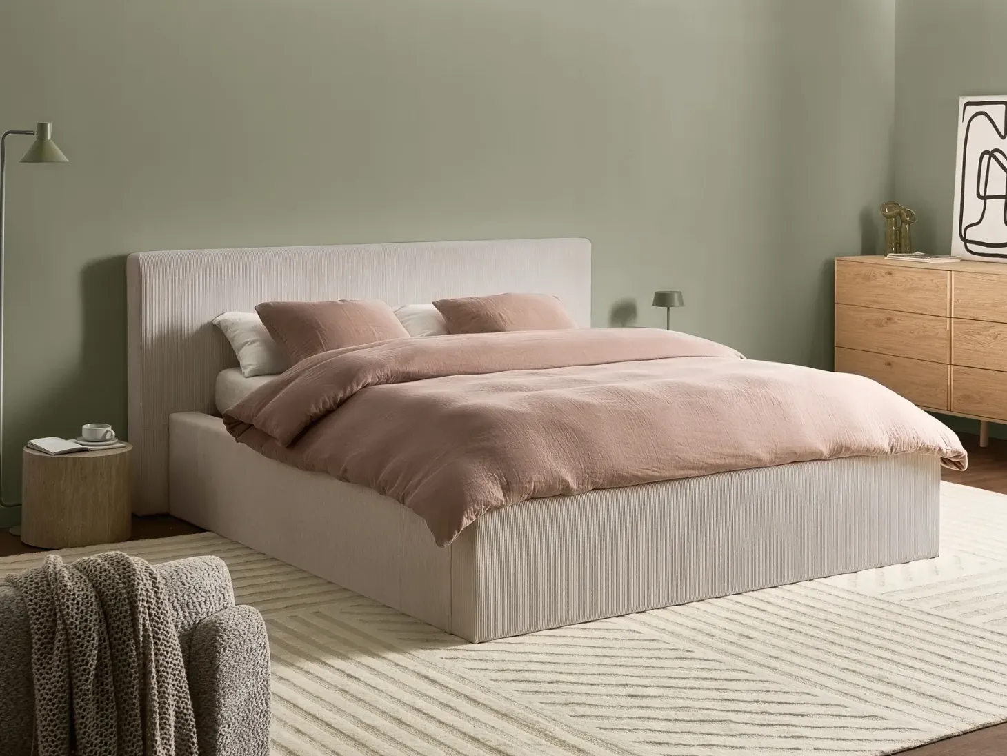 Seng med opbevaring LILLEBONNE Fløjl Lys Beige 160 x 200 cm