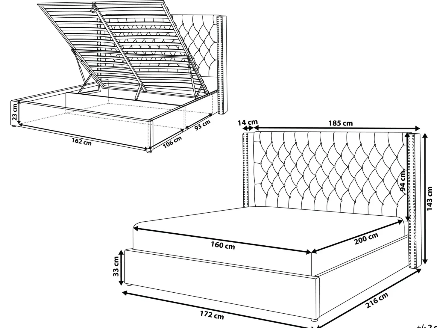 Seng med opbevaring LUBBON Velour Sort 160 x 200 cm