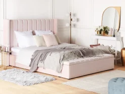 Seng med opbevaringsbænk NOYERS Velour Pastellrosa 180 x 200 cm