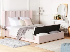Seng med opbevaringsbænk NOYERS Velour Pastellrosa 180 x 200 cm