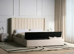 Seng med opbevaringsbænk NOYERS Velour Cremehvid 180 x 200 cm