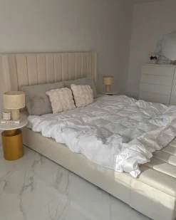 Seng med opbevaringsbænk NOYERS Velour Cremehvid 180 x 200 cm