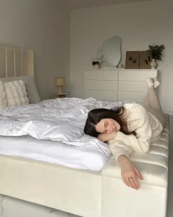 Seng med opbevaringsbænk NOYERS Velour Cremehvid 180 x 200 cm