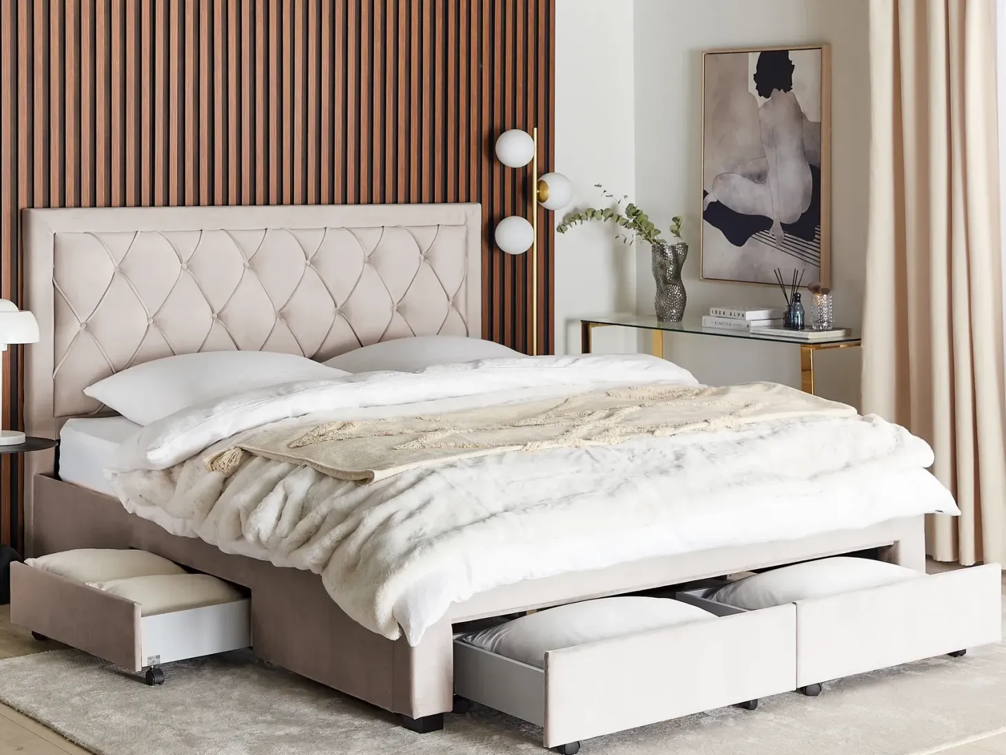 Seng med skuffer til opbevaring LIEVIN Velour Beige 180 x 200 cm