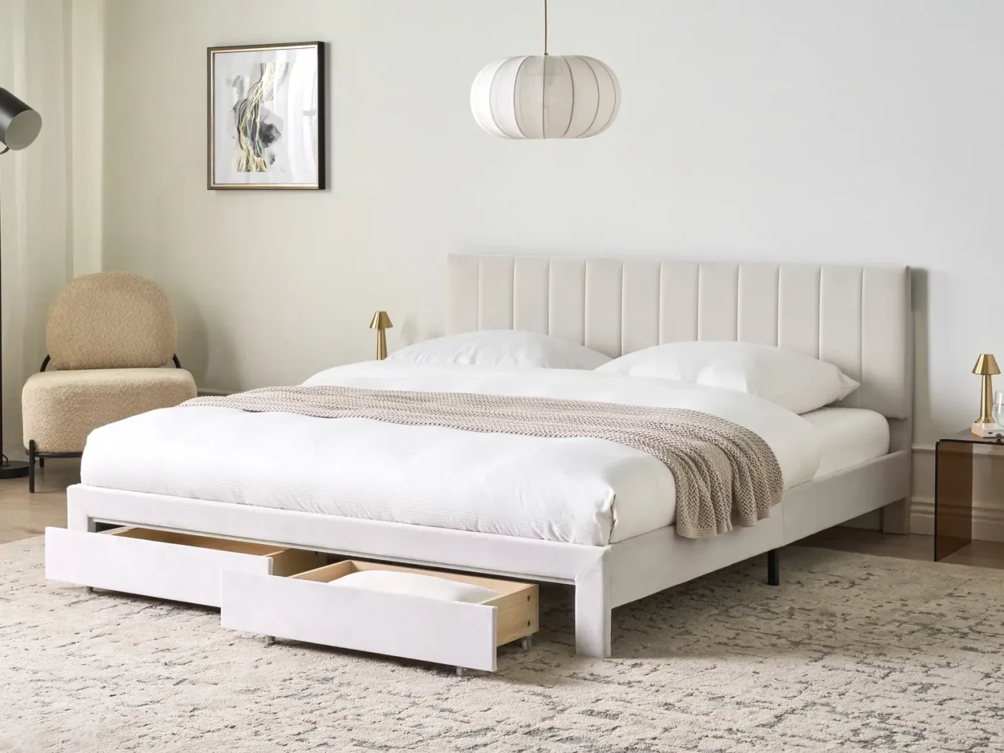 Seng med skuffer til opbevaring LONZAC Velour Cremehvid 180 x 200 cm
