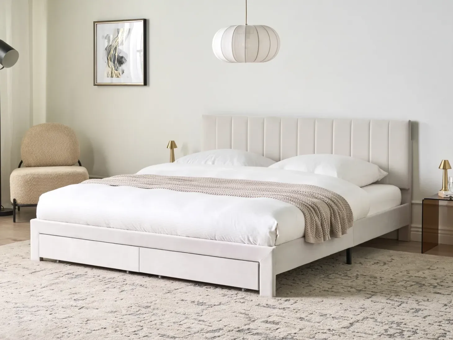 Seng med skuffer til opbevaring LONZAC Velour Cremehvid 180 x 200 cm