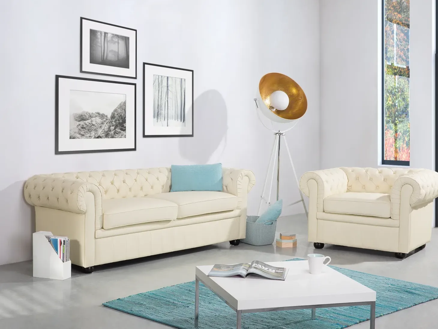 Sofa 3 personers CHESTERFIELD Ægte læder Lys Beige