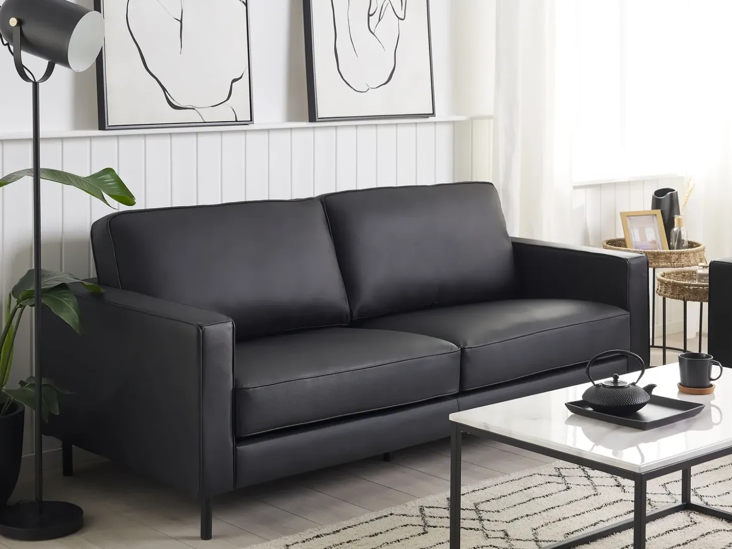 Sofa 3 personers SAVALEN Ægte læder Sort