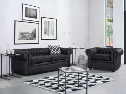 Sofasæt 4 personers CHESTERFIELD Ægte læder Sort