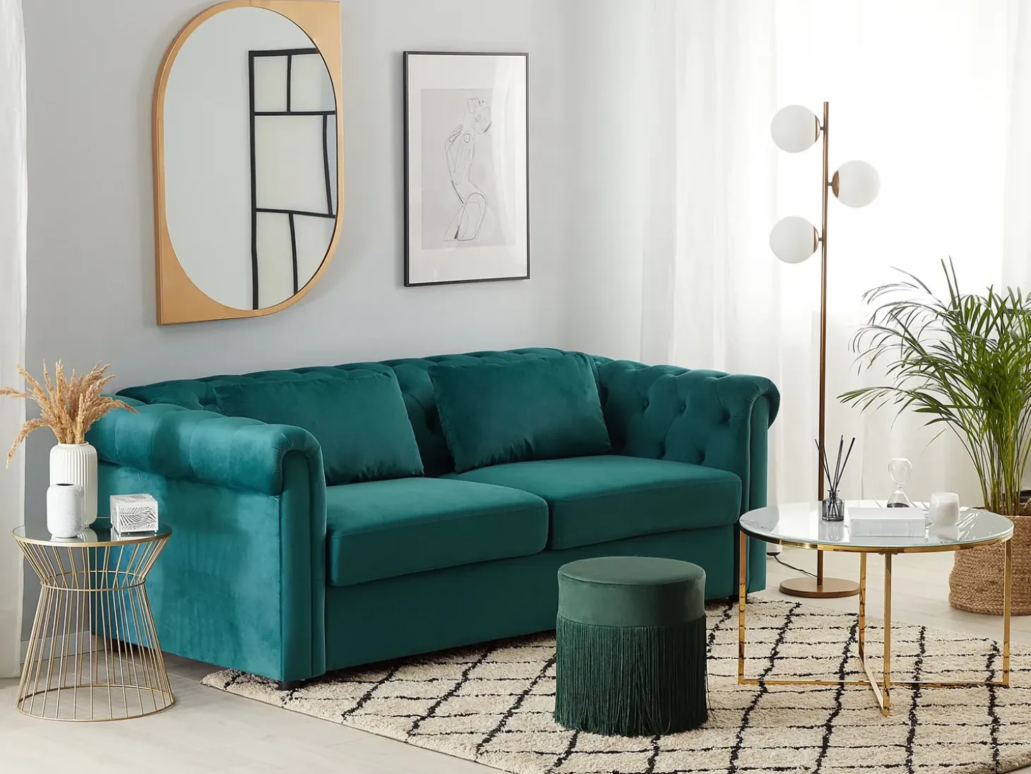 Sovesofa 3 personers CHESTERFIELD Velour Smaragdgrøn