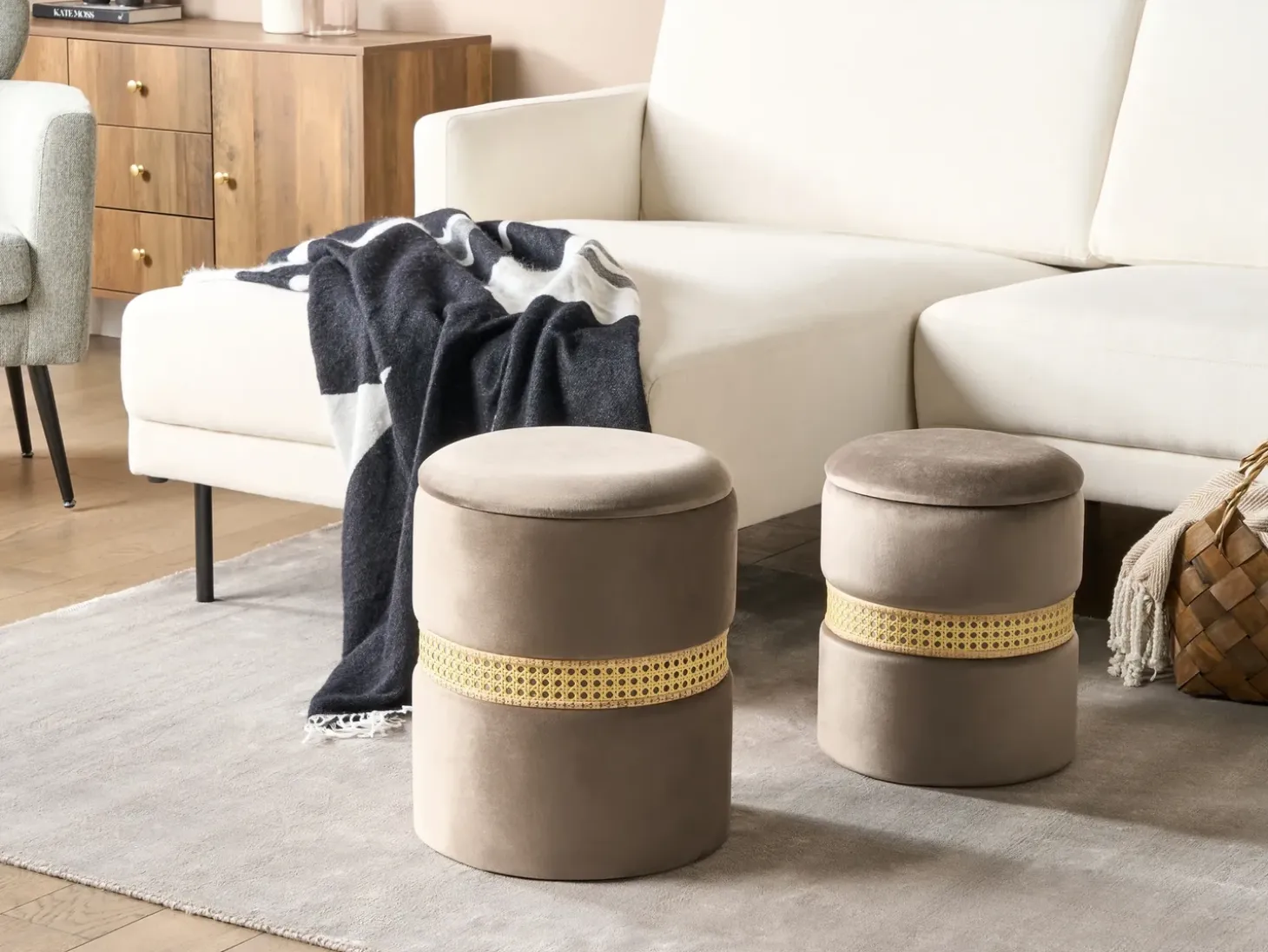 Sæt af 2 opbevaringspuffer MEDFORD Velour Brungrå