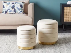Sæt af 2 opbevaringspuffer GARLAND Velour Lys Beige