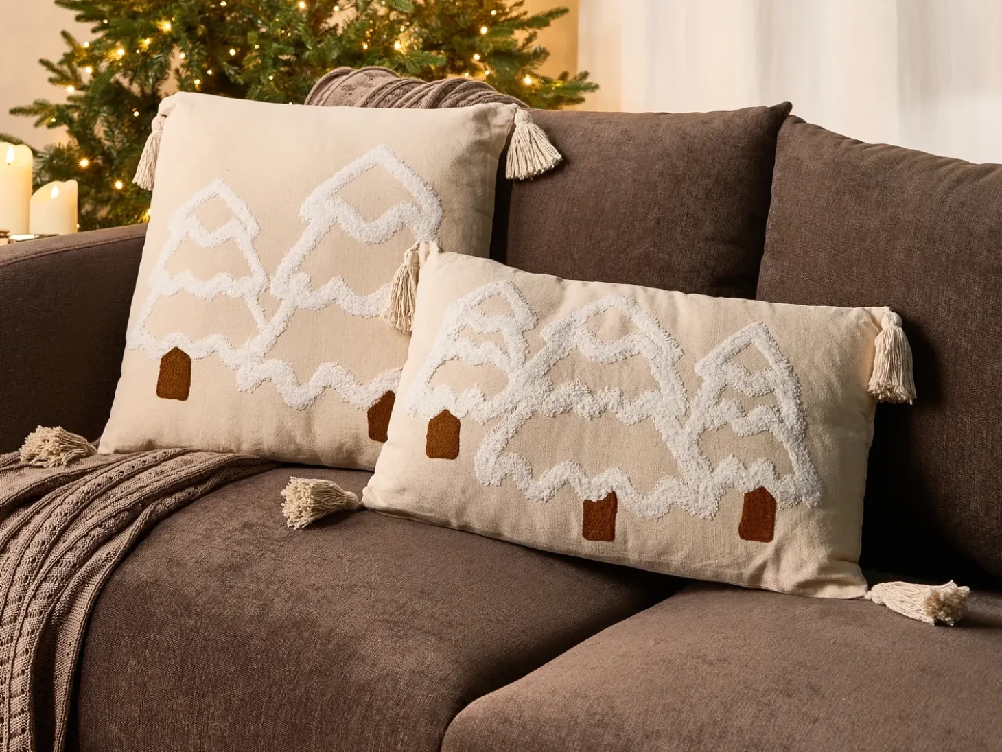 Sæt af 2 pyntepuder INTSIA Bomuld 30 x 50 cm 45 x 45 cm Lys Beige Julemønster