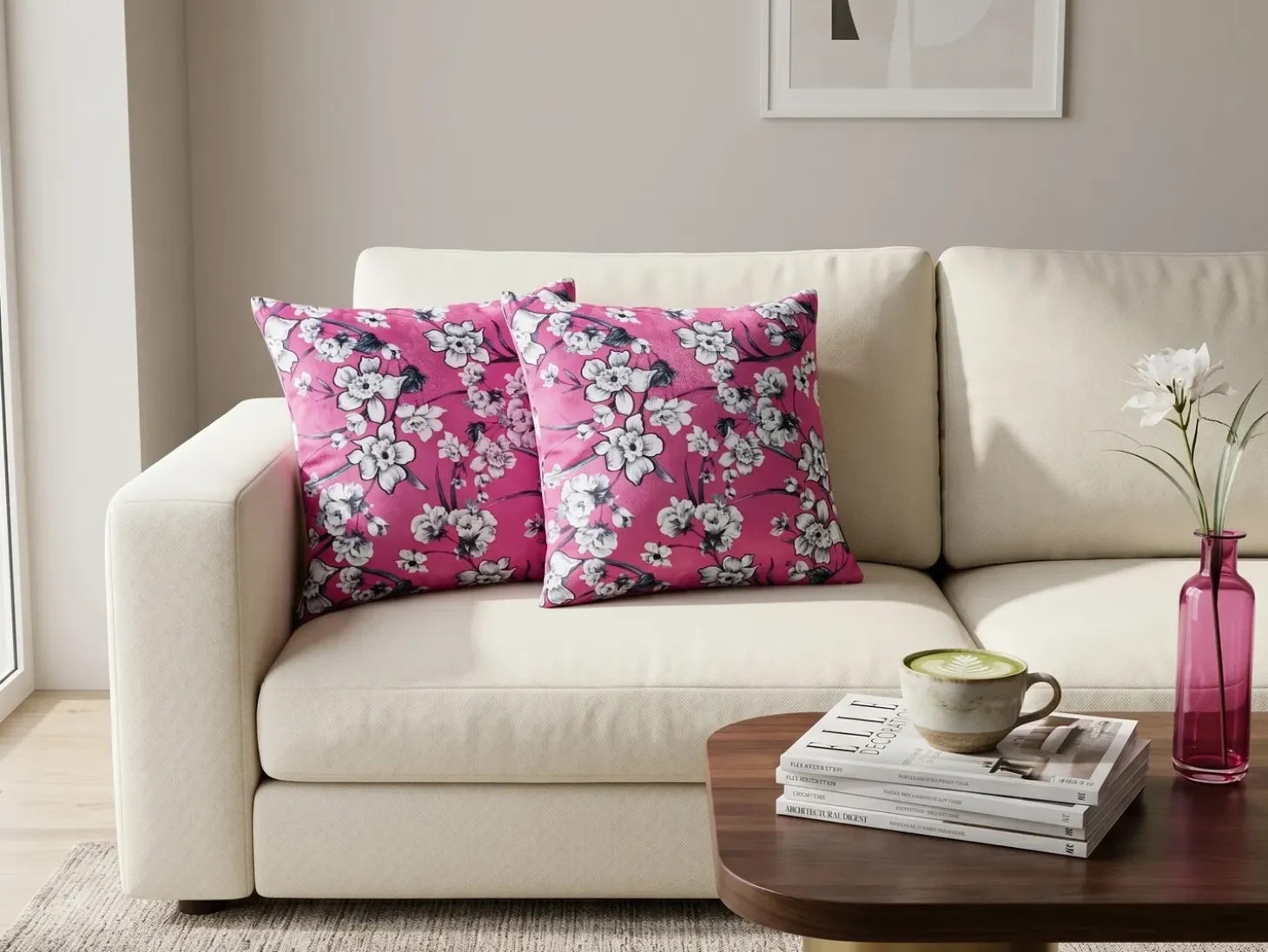 Sæt af 2 pyntepuder KOELERIA Velour 45 x 45 cm Fuchsia Blomstermønster