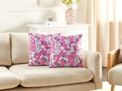 Sæt af 2 pyntepuder KOELERIA Velour 45 x 45 cm Fuchsia Blomstermønster
