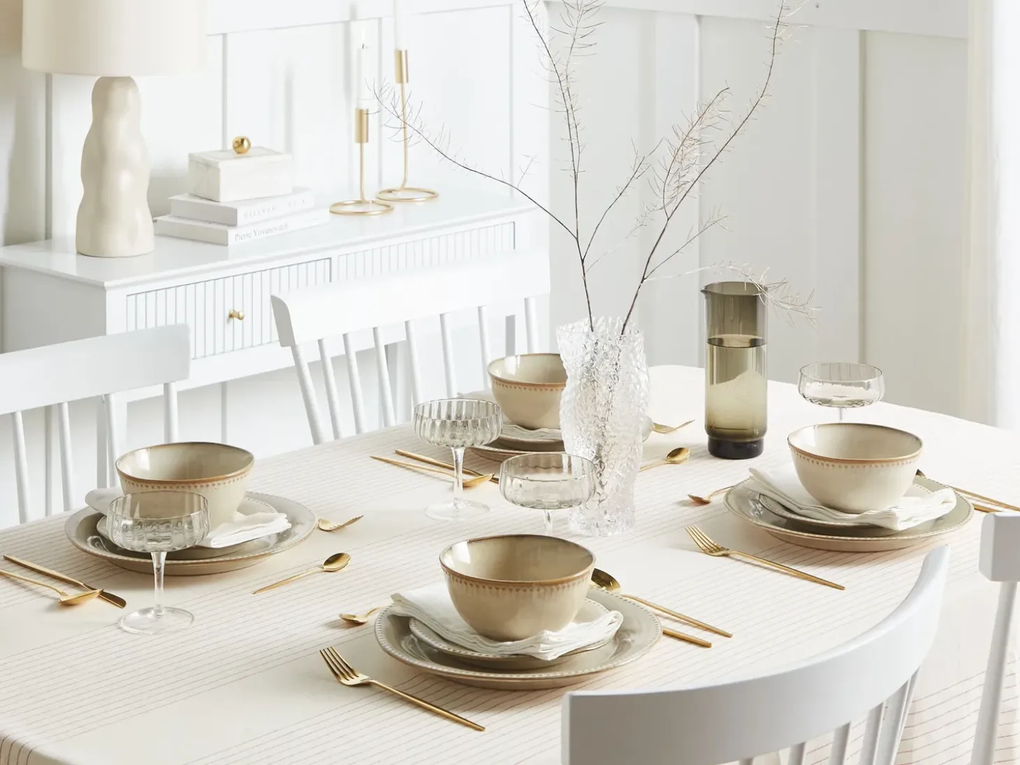Sæt med 12 stykker service CHERVIL Stentøj Lys Beige