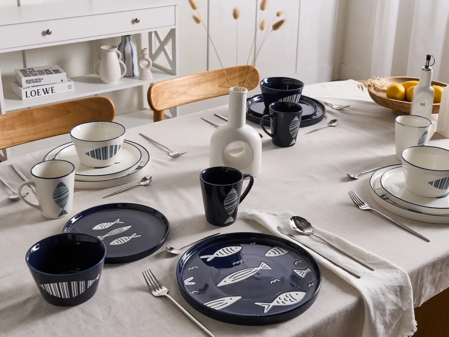 Sæt med 16 stykker spisestel TAMARIND Porcelæn Hvid/blå