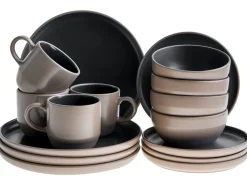 Sæt med 16 stykker spisestel NUTMEG Stentøj Sort/beige