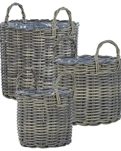 Sæt af 3 flet kurve til planter NIKITI 29/35/40 cm Brungrå PE-rattan