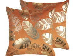 Sæt af 2 pyntepuder SUNFLOWER Velour 45 x 45 cm Orange Plante mønster