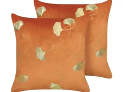 Sæt af 2 pyntepuder TULIP Velour 45 x 45 cm Orange Plante mønster