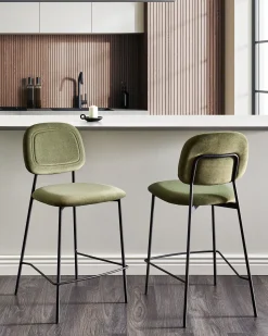 Sæt med 2 barstole DUETTE Velour Olivengrøn