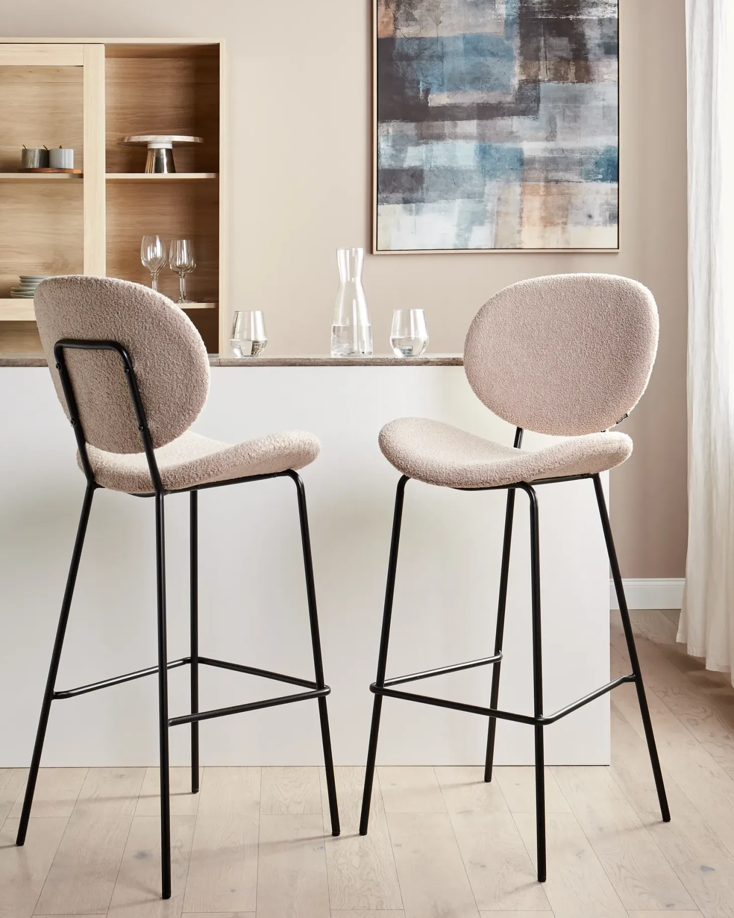 Sæt med 2 barstole LUANA Boucle Lys Beige