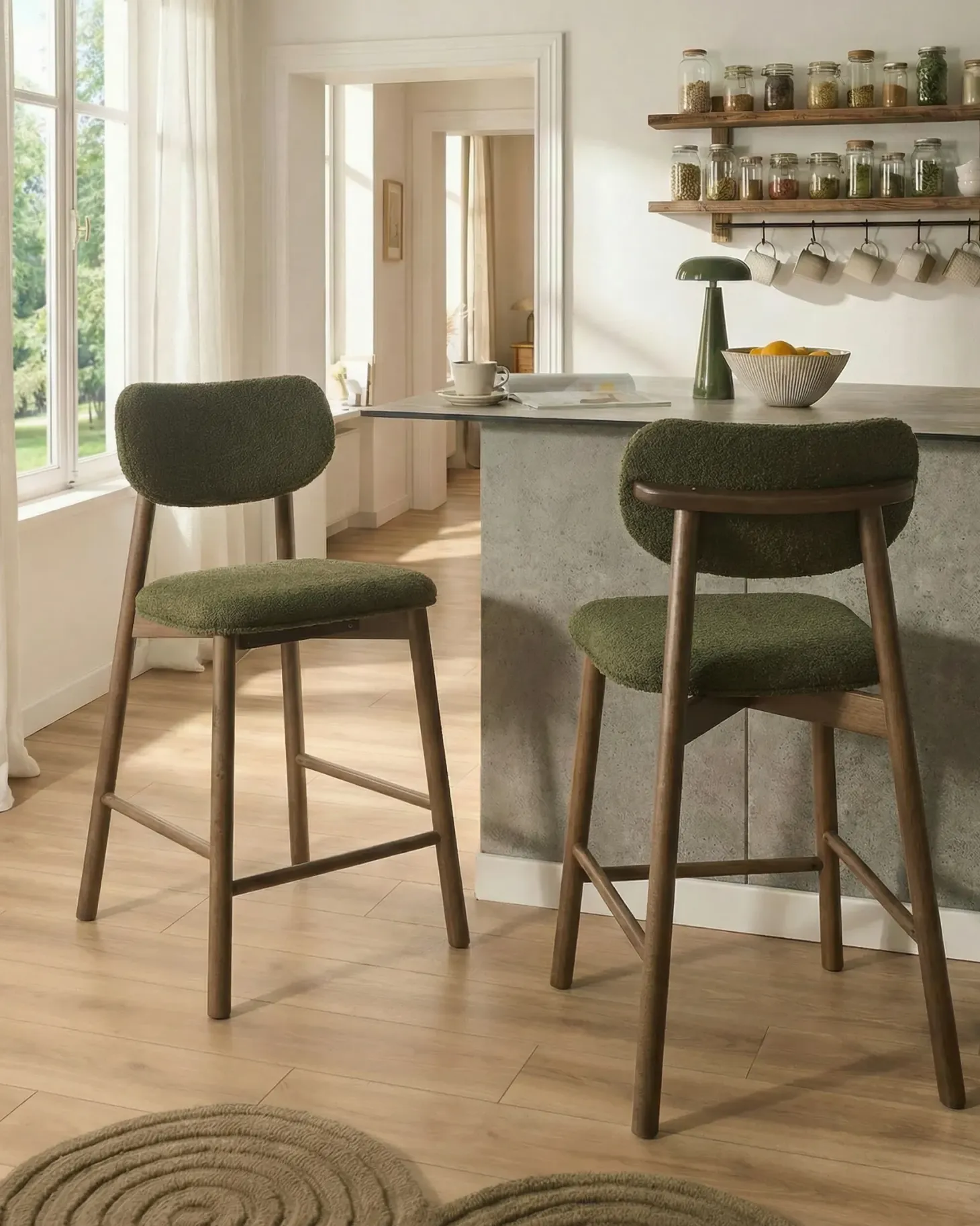Sæt med 2 barstole MILLS Boucle Brun / Grøn