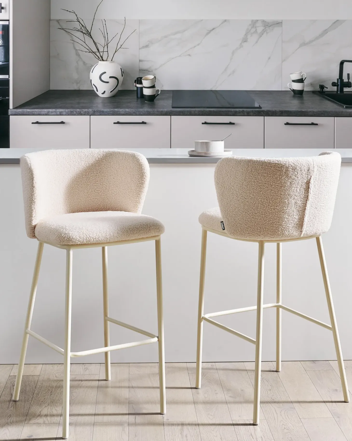 Sæt med 2 barstole MINA II Boucle Lys Beige