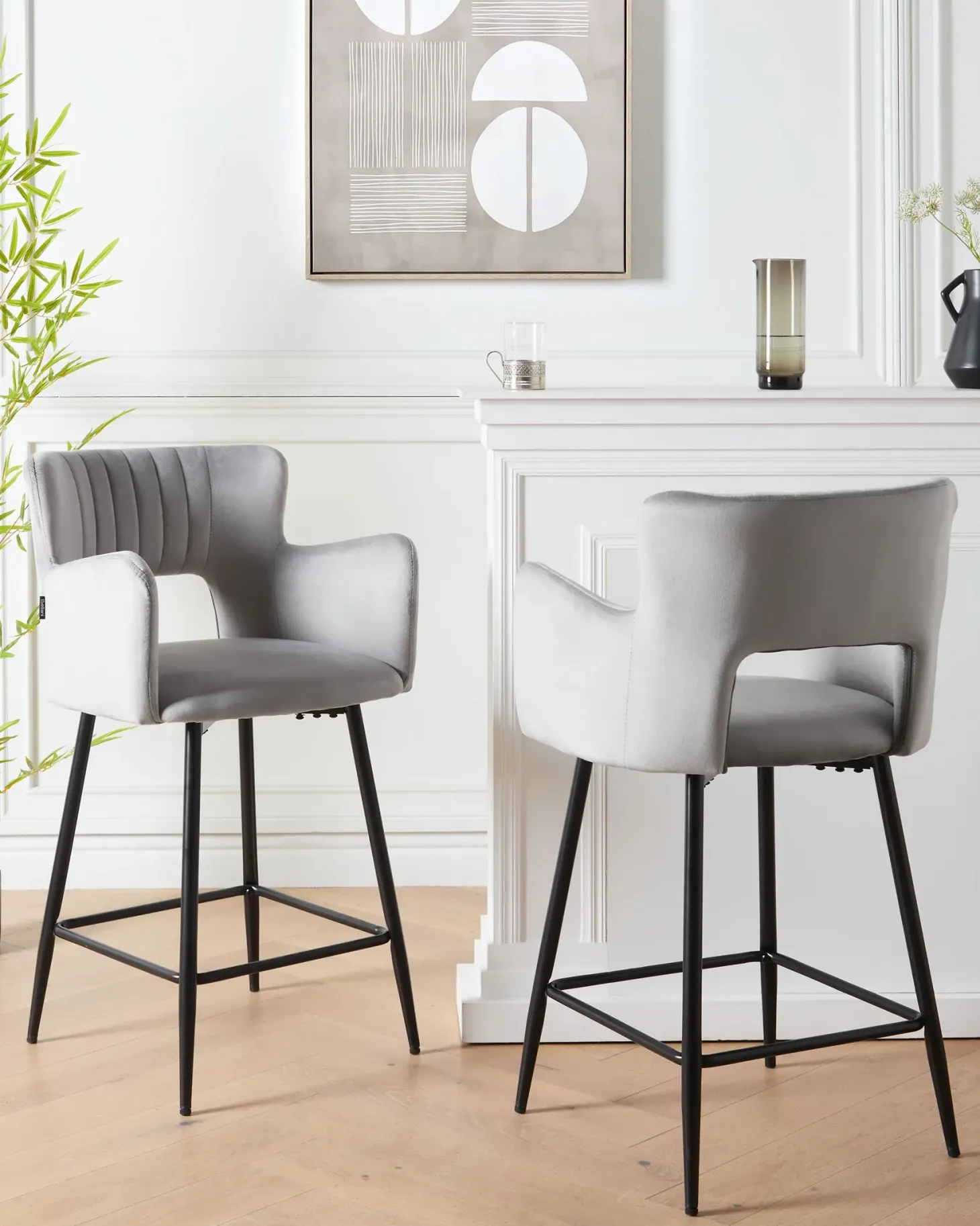 Sæt med 2 barstole SANILAC Velour Lysegrå