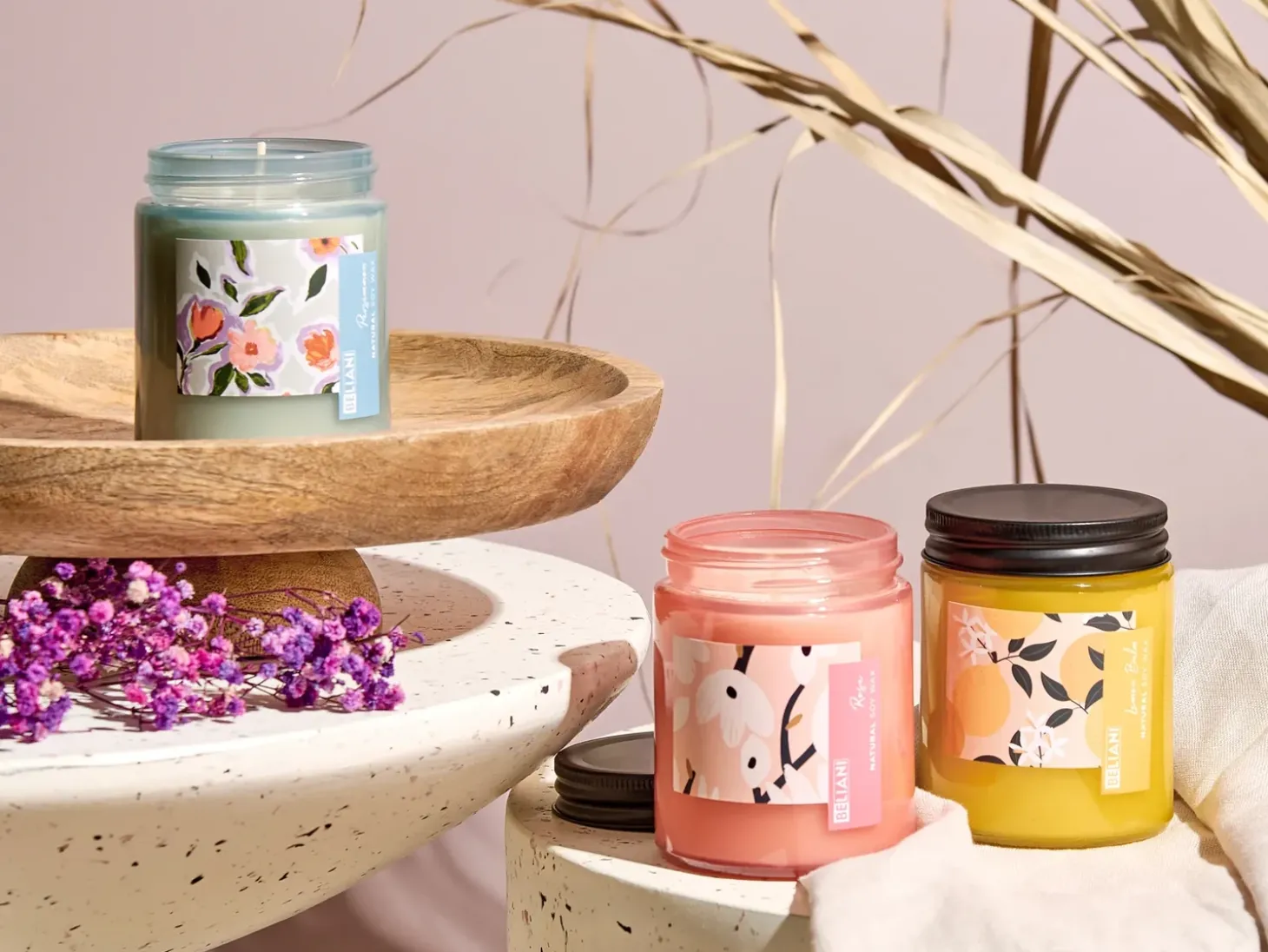 Sæt med 3 duftlys FRUITY BLOOM Soja voks Orientalske noter krydderurter noter Blomster noter