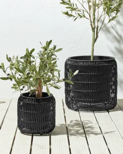 Sæt med 2 plantekrukker BRODIEA PE-rattan 26/45 cm Sort