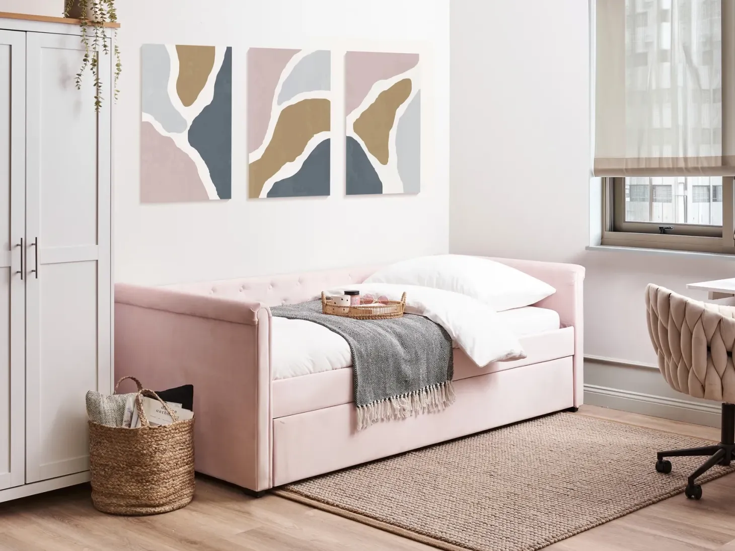 Udtræksseng Velour LIBOURNE 90 x 200 cm Pastellrosa