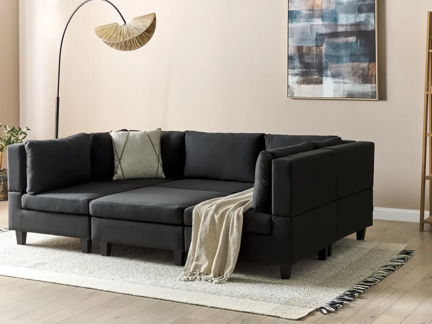 UNSTAD 5 personers U-formet modulsofa Sort med fodskammel