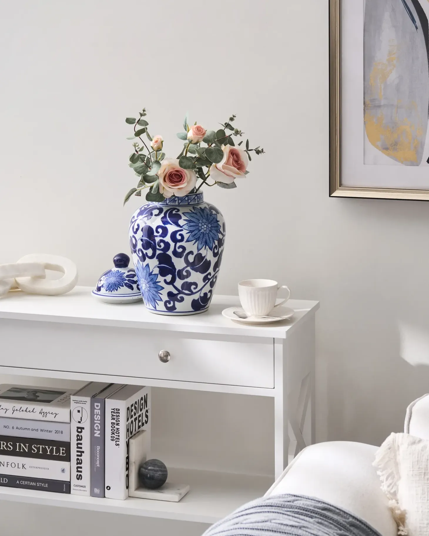 Vase med låg CUENCA Porcelæn 36 cm Hvid/blå