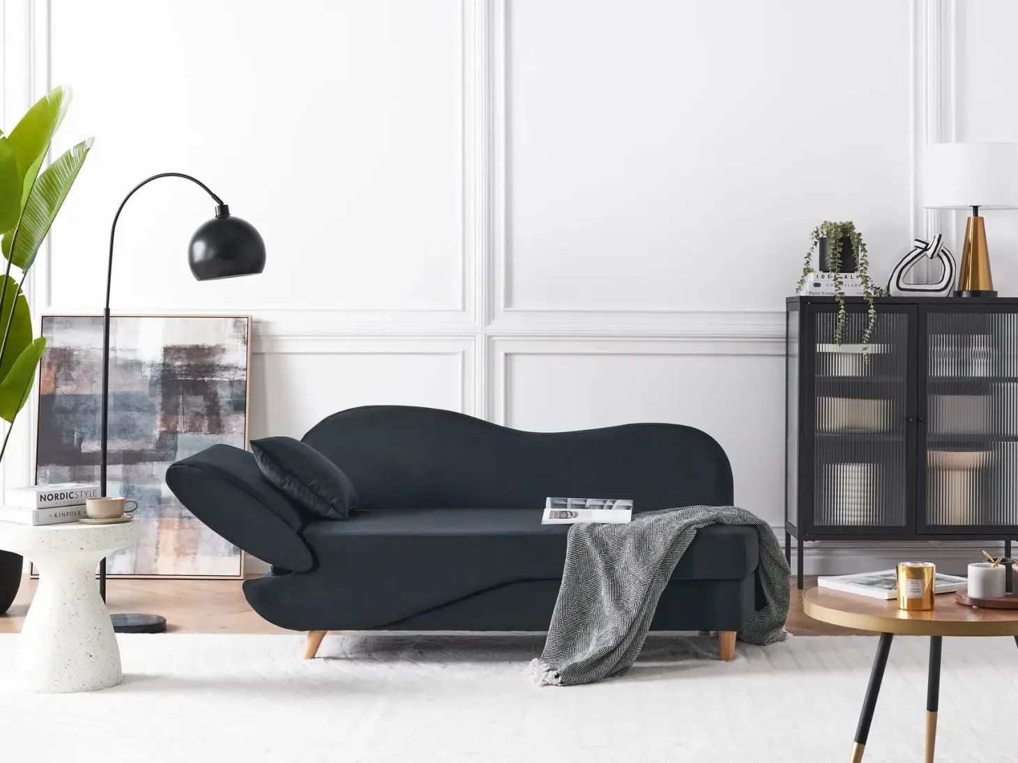 Venstrevendt chaiselong MERI Velour Sort med opbevaring