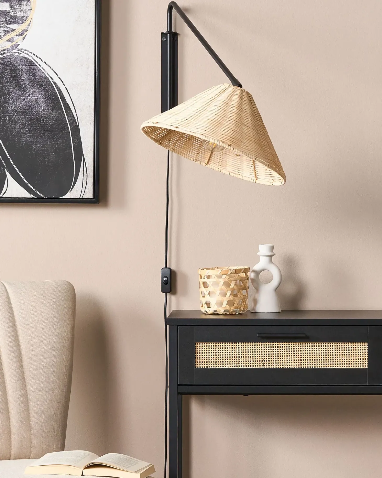 Væglampe PALENA Naturlig Rattan Justerbar