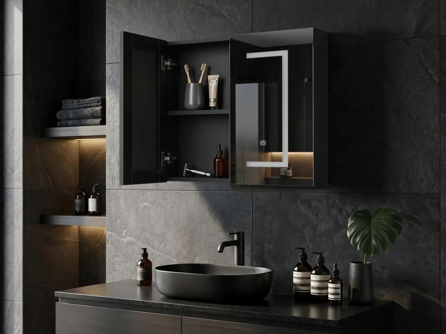 Vægmonteret spejlskab til badeværelset LED MAZARREDO 60 cm 60 cm Sort